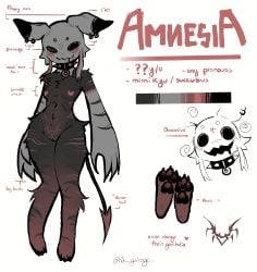 absurd_res amnesia_(h0t-garbage) anthro big_hands black_body black_fur collar colored ear_piercing eyeless female flat_chested fur generation_7_pokemon genitals grey_body grey_fur h0t-garbage heart_nipples hi_res hybrid mimikyu model_sheet nintendo nipples occult_symbol pawpads paws pentagram piercing pokemon pokemon_(species) pokemorph red_body red_fur signature solo spade_tail spiked_collar spikes striped_body striped_fur stripes succubus symbol tail vulva
