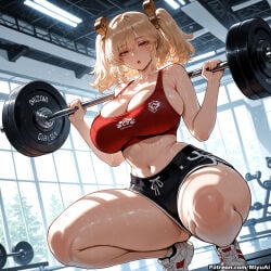 1girl ai_assisted ai_generated bangs bare_shoulders black_shorts blonde_hair breasts burnice_white cleavage collarbone curvaceous curvy curvy_female curvy_figure dumbbell exercise eyebrows_visible_through_hair female holding huge_breasts indoors long_hair looking_at_viewer midriff miyuai navel one_knee open_mouth red_eyes shoes short_hair short_shorts shorts sneakers solo sports_bra squatting sweat thick thick_ass thick_butt thick_hips thick_legs thick_thighs thighs twintails voluptuous voluptuous_female wide_hips wide_thighs window zenless_zone_zero