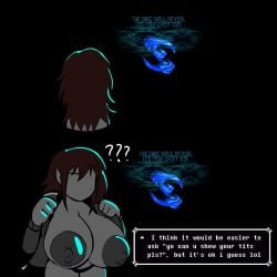 1girls ??? areolae big_areola big_nipples breasts breasts_bigger_than_head breasts_out brown_hair deltarune english_text faceless faceless_character faceless_female female grey_nipples grey_skin half-dressed huge_breasts long_hair nipples panties puffy_areola puffy_nipples stupid_veena tagme text_box track_jacket vessel_(deltarune)