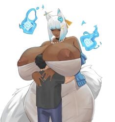 1boy 1girls 1girls1boy 2d 2d_(artwork) animal_ears animal_humanoid claws dankwoll dark-skinned_female dark_skin dress duo duo_focus embrace esunami_(bakeneko) exposed_areolae exposed_nipples female hi_res hug huge_breasts hyper japanese_mythology kitsune male male/female mammal mammal_humanoid mature_female mommy multicolored_hair size_difference smaller_male tail white_clothing wholesome
