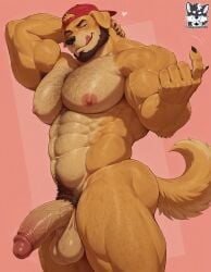 abs abyssyzzz ai_generated anthro arm_behind_head blue_eyes canine cap domestic_dog feet_out_of_frame humanoid_penis inviting large_breasts large_penis male male_only muscular muscular_anthro muscular_male nipples nose_piercing pecs solo tail yellow_fur
