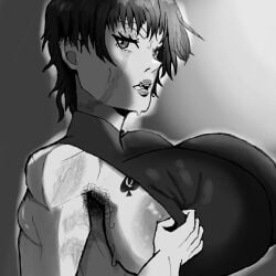 alphahatsuuu areolae_peeking female_armpit_hair greyscale hairy_armpits jujutsu_kaisen large_areolae large_breasts lifting_shirt looking_at_viewer muscular muscular_female pulling_own_clothes queen_of_spades queen_of_spades_symbol queen_of_spades_tattoo revealing_breasts side_boob sideboob spade_tattoo sweat sweatdrop zenin_maki