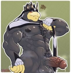 abs anthro balls barazoku biceps big_balls big_muscles big_pecs big_penis black_body black_fur bodily_fluids body_hair digital_media_(artwork) dripping erection fur generation_8_pokemon genital_fluids genitals glans hi_res humanoid_genitalia humanoid_penis legendary_pokemon male mammal muscular muscular_anthro muscular_male musk nintendo nipples nude nude_anthro nude_male ougon pecs penis pokemon pokemon_(species) portrait precum precum_drip pubes simple_background single_strike_style_urshifu solo three-quarter_portrait urshifu vein veiny_penis yellow_body yellow_fur