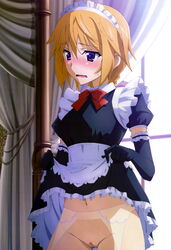 absurdres black_gloves blonde_hair blush bottomless charlotte_dunois clothing elbow_gloves embarrassed female garter_belt gloves headdress highres human infinite_stratos maid maid_headdress navel no_panties nude_filter nyantype official_art photoshop purple_eyes pussy skirt skirt_lift solo sweat uncensored