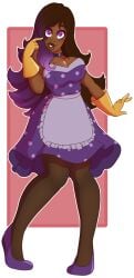 apron big_breasts breasts brown_hair dark-skinned_female dark_skin domestication dress female_only femsub gloves happy_trance housewife huge_breasts large_breasts long_hair mole necklace overwatch purple_eyes solo sombra stepfordization transformation wrenzephyr2