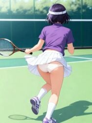 ai_generated bishoujo_senshi_sailor_moon black_hair hotaru_tomoe medium_hair panties playing_tennis sailor_saturn tennis_ball tennis_court tennis_racket tennis_uniform upskirt white_panties