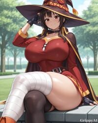 1girl 2d ai_generated anime_style black_gloves brown_hair cleavage detailed_eyes detailed_face grippyai hand_on_hat high_quality huge_breasts konosuba looking_at_viewer megumin outdoors park red_dress red_eyes shiny_skin short_hair sitting smile solo trees witch_hat