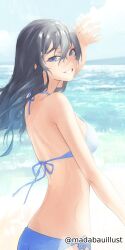 1girls 2d 2d_(artwork) 2d_artwork arm_above_head arm_up back bare_arms bare_back bare_hands bare_hips bare_shoulders bare_skin big_boobs big_breasts bikini bikini_bottom bikini_only bikini_top black-haired_female black_hair blue-eyed_female blue_bikini blue_bikini_bottom blue_bikini_top blue_eyes blue_sky_background blue_swimsuit blue_swimwear breasts dark_hair day daylight daytime digital digital_art digital_drawing digital_drawing_(artwork) digital_media digital_media_(artwork) drawing elbows exposed_arms exposed_back exposed_hips exposed_shoulders exposed_skin eyebrows_visible_through_hair female female_focus female_only fingers grin grinning grinning_at_viewer hair_between_eyes halterneck hand_above_head hand_up head_tilt large_boobs large_breasts lean_figure long_hair looking_at_viewer looking_back looking_back_at_viewer madabauillust median_furrow narrow_waist oc ocean_background original original_art original_artwork original_character outdoor outdoor_background outdoor_nudity outdoors outside outside_nudity parted_lips portrait sea sea_background seaside shoulder_blades shoulders side-tie_bikini sideboob sky_background slender_body slender_waist slim_female slim_waist smile smiley_face smiling smiling_at_viewer solo standing string_bikini swimsuit swimwear tilted_head upper_body