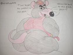 1boy 2026 2d 2d_(artwork) 2d_artwork anthro ass ass_focus big_ass_(male) cane chuck_e_cheese chuck_e_cheese_(franchise) derby_hat dialog dialogue dilf fat_ass furry furry_male gray_fur grey_fur hat looking_back ludoroo male mascot murid murine pink_tail rat rat_tail rodent tagme traditional_art traditional_drawing_(artwork) traditional_media traditional_media_(artwork) vest wallarudo