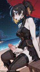 1girl ai_generated animal_ears babydoll black_thighhighs blush breasts clitoral_hood clitoris collarbone day decurse dildo female_rover_(wuthering_waves) furry furry_female garter_belt hair_between_eyes lingerie long_hair medium_breasts navel nipples object_insertion orange_eyes orange_hair outdoors pussy see-through sitting snout solo spread_legs sweat thighhighs uncensored vaginal vaginal_object_insertion wolf_ears wuthering_waves