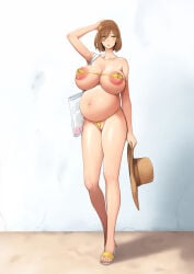 areola_slip between_labia bikini bob_cut brown_hair cleavage condom condom_wrapper erect_nipples female female_only full_body irotenya lactation lactation_through_clothes large_areolae long_legs looking_at_viewer micro_bikini nipple_bulge original pregnant pubic_hair pubic_hair_peek sandals short_hair solo standing strapless strapless_bikini yellow_bikini yellow_eyes