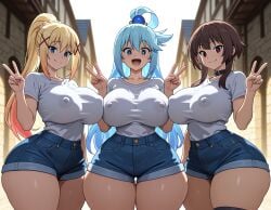 3girls ai_generated aqua_(konosuba) big_breasts darkness_(konosuba) erect_nipples kono_subarashii_sekai_ni_shukufuku_wo! megumin v voluptuous_female wide_hips