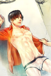 briefs brown_hair erection jacket katou_teppei leon_scott_kennedy male male_only open_clothes open_jacket orange_jacket precum resident_evil resident_evil_2 sweat toned underwear white_underwear