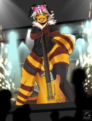 anthro arthropod arthropod_abdomen audience balls bee bottomless bottomless_male clothed clothing crowd draeusz electric_guitar exhibitionism eyewear eyewear_on_head femboy flaccid front_view genitals group guitar hair hi_res humanoid_genitalia humanoid_penis hymenopteran insect looking_at_viewer male mandibles musical_instrument penis plucked_string_instrument rock_out_with_your_cock_out shirt solo stage string_instrument sunglasses sunglasses_on_head t-shirt thick_thighs tongue tongue_out topwear wearing_sunglasses white_hair wide_hips yellow_body