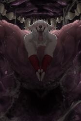 2024 absurd_res ambiguous_gender ambiguous_pred anthro anthro_prey blush bodily_fluids breath canid canine canis epiglottis fur head_first hi_res inside_mouth larger_pred looking_pleasured male mammal micro nolow oral_vore reverse_mouth_shot saliva size_difference solo teeth throat tongue unseen_pred vore white_body white_fur willing_prey wolf
