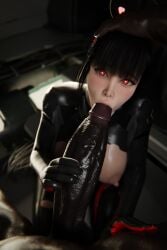 1boy 1girls 3d big_penis black_hair blender blue_archive dark-skinned_male fellatio image_set just_the_tip light-skinned_female looking_at_viewer ninjin3d pov red_eyes rio_(blue_archive)