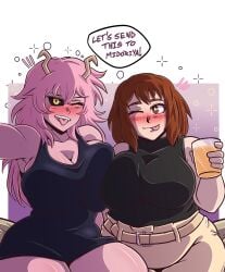 2girls aged_up blush blushing boku_no_hero_academia breasts_squeezed_together chubby chubby_female drunk huge_breasts mina_ashido my_hero_academia ochako_time-skip ochako_uraraka pink_hair pink_skin post-timeskip selfie tongue_out twitter_link