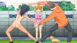1boy 2girls ass exibitionism female from_behind ggeorges8576899 hayase_nagatoro lewd_edit male naked_footwear naoto_hachioji_(senpai) nude nude_female nude_female_clothed_male please_don't_bully_me,_nagatoro public screencap tan_body tan_skin tanline tanned tanned_female third-party_edit yoshi_(nagatoro)