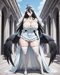1girl 2d ai_generated albedo anime_style black_hair black_wings building cleavage detailed_eyes detailed_face gloves grippyai high_quality horns huge_breasts long_hair looking_at_viewer outdoors overlord shiny_skin smile solo standing white_dress white_horns yellow_eyes