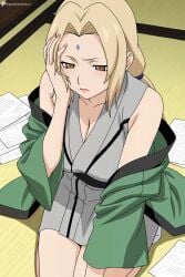 1girl ai_generated bare_shoulders blonde_hair blush breasts brown_eyes cleavage closed_mouth collarbone digitalwaifugallery facial_mark forehead_mark grey_kimono hi_res high_quality high_resolution indoors japanese_clothes kimono large_breasts long_hair mature_female naruto_(series) off_shoulder paper patreon seductive seiza sexy sitting solo tatami tsunade uncensored watermark