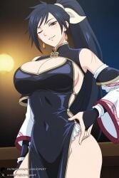 1female 1girl 1girls 2026 ai_generated artist_name bare_shoulders big_ass big_breasts black_dress black_hair breasts bridal_gauntlets brown_eyes china_dress chinese_clothes chun_yan_(shuumatsu_no_valkyrie) cleavage cleavage_cutout clothing_cutout covered_navel curvy detached_sleeves dress earrings hand_on_hip hi_res high_quality high_resolution highres huge_ass huge_breasts jewelry large_breasts long_hair looking_at_viewer mole mole_under_eye one_eye_closed patreon patreon_username ponytail record_of_ragnarok shuumatsu_no_valkyrie smile solo unjobdespiert watermark