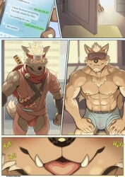 anthro areola biped blindfold blush brown_body brown_fur bulge canid canine clothed clothing comic coming_at_you detailed_bulge duo fangs fur genitals lifewonders male male_anthro mammal marchosias_(tas) mumu202 muscular muscular_anthro muscular_male nipples penis phone_screen smile steam tadatomo_(tas) tail tan_body tan_fur teeth tokyo_afterschool_summoners tongue tongue_out translucent translucent_clothing translucent_underwear underwear waist waiting