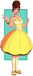 beehive_hair bouffant brown_eyes brown_hair domestication dress earrings female_only femsub hair_band housewife janet_van_dyne jewelry lipstick marvel marvel_comics sandals smile solo stepfordization super_hero updo wasp wrenzephyr2