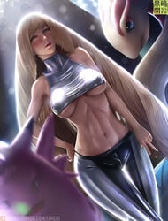 1girls abs aether_foundation areolae bare_shoulders belly bewear blonde_hair blush breasts cleavage clefable clothed fairy human leggings limgae lipstick long_hair looking_at_viewer lusamine_(pokemon) midriff milf milotic mother navel nintendo patreon pokemon pokemon_rse pokemon_sm shirt size_difference solo_focus standing tank_top text thigh_gap underboob url v watermark wide_hips