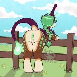 1:1 aliendogfreak ambiguous_gender andromorph_(lore) anthro anus bioluminescence braided_hair butt butt_focus fence flower fur glowing grass green_hair hair lucky_(aliendogfreak) markings multicolored_body multicolored_fur plant sky solo spots spotted_body spotted_fur unknown_species