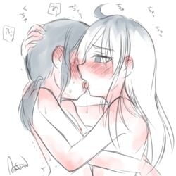 2girls aosora_(mizore) blonde_hair blue_eyes blush female kissing multiple_girls nude original purple_hair red_eyes sketch tied_hair twintails yuri