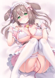 1girl apron bikini bikini_top blush breasts breasts_out brown_hair bunny_ears bunny_girl collar detached_collar frilled_bikini frilled_collar frilled_dress frilled_skirt frilled_straps frilled_wrist_cuffs frills hair_ornament hair_ribbon hairband highres large_breasts leash leash_and_collar leashed_collar long_hair lying lying_on_back maid maid_apron maid_bikini maid_headdress maid_outfit maid_uniform original panties shimapan shiono_(0303) skirt skirt_lift straight_hair striped_panties thigh_strap thighhighs wrist_cuffs