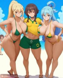 3girls ai_assisted ai_generated aqua_(konosuba) big_ass big_breasts bikini brazilian_flag darkness_(konosuba) floresai huge_ass huge_breasts kono_subarashii_sekai_ni_shukufuku_wo! looking_at_viewer medium_breasts megumin narrow_waist patreon patreon_url patreon_username petite_female teasing thick_thighs voluptuous_female wide_hips