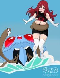 embarrassed exposed_breasts exposed_panties magikbear pokemon pokemon_(species) pre-vore red_hair stolen_clothes team_rocket team_rocket_grunt_(female) tentacles tentacruel torn_clothes