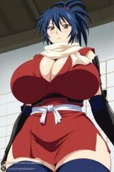 1female 1girl 1girls 2026 ai_generated artist_name bangs big_ass big_breasts blue_hair blue_thighhighs blush breasts brown_eyes cleavage closed_mouth cowboy_shot curvy elbow_gloves from_below gloves hair_between_eyes hi_res high_quality high_resolution highres huge_ass huge_breasts indoors japanese_clothes looking_at_viewer manyuu_chifusa manyuu_hikenchou ninja patreon patreon_username ponytail sash scarf short_kimono solo thighhighs thighs unjobdespiert watermark white_scarf