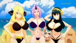 3d 3girls beach big_breasts bikini black_hair blonde_hair crossover cynthia_(pokemon) koikatsu outdoors pokemon pokemon_dppt purple_eyes purple_hair red_eyes self_upload shion_(tensei_shitara_slime_datta_ken) spy_x_family tensei_shitara_slime_datta_ken wunderclaw yor_briar