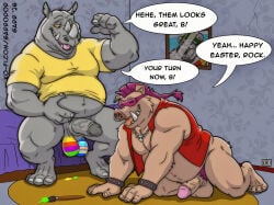 anthro balls bebop belly better_version_at_paywall big_belly bodypaint bottomless bottomless_male brush clothed clothing duo easter easter_balls english_text erection eyewear facial_piercing garrodor_(artist) genitals glans grey_body hi_res holiday_message holidays horn humanoid_genitalia humanoid_penis male male/male mammal mohawk navel nose_piercing paint paintbrush painted_balls penis piercing rhinoceros rocksteady septum_piercing smile suid suine sunglasses sus_(pig) teenage_mutant_ninja_turtles text tongue tongue_out topwear tusks vein veiny_penis vest wild_boar