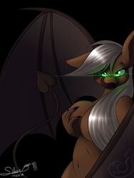 2014 animal_ears anthro applejack_(mlp) black_background blonde_hair breast_grab breasts demon_tail demon_wings earth_pony equine eyelashes fangs female friendship_is_magic fur furry glowing glowing_eyes green_eyes horse_ears licking licking_lips long_hair looking_at_viewer my_little_pony navel nipples orange_hair pony self_fondle sharp_fingernails silverfox057 simple_background smooth_skin solo succubus tail tongue tongue_out wings