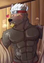abs absurd_res accessory anthro athletic athletic_anthro athletic_male burn_scar canid canine canis clothing condom condom_in_mouth domestic_dog dragokaizer666 fishnet_clothing hair headband headgear hi_res lifewonders male mammal markings mouth_hold multicolored_body muscular muscular_anthro muscular_male nipples object_in_mouth pecs scar sexual_barrier_device solo tadatomo_(tas) tokyo_afterschool_summoners undressing white_hair