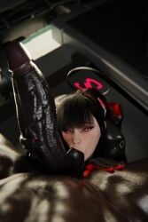 1boy 1girls 3d balls_sucking big_penis black_hair blender blue_archive dark-skinned_male image_set light-skinned_female looking_at_viewer ninjin3d pov red_eyes rio_(blue_archive) sucking_balls