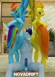 3d_(artwork) anthro balls between_butts blue_body blue_fur bodily_fluids breasts butt butt_nuzzling digital_media_(artwork) english_text equid equine erection eyes_closed feathered_wings feathers female friendship_is_magic fur genital_fluids genitals group hair hand_on_butt hand_on_own_butt hasbro hi_res horse humanoid_genitalia humanoid_penis male male/female mammal multicolored_hair my_little_pony mythological_creature mythological_equine mythology nipples novadrift nude open_mouth pegasus penis pony precum rainbow_dash_(mlp) rainbow_hair smile soarin_(mlp) spitfire_(mlp) tail text trio vulva white_body white_fur wings wonderbolts_(mlp) yellow_body yellow_feathers