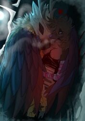 after_sex ambiguous_feral ambiguous_gender anthro bestiality bleeding_out blood blood_from_mouth blood_in_mouth blood_on_face blood_on_hand blue_eyes blue_nose bodily_fluids brown_hair chest_wound circe_(pankallisti) cold cuddling cum duo excessive_cum excessive_genital_fluids feathers female female/ambiguous female_anthro female_on_feral feral genital_fluids gore hair hi_res mammal multicolored_body multicolored_feathers murid murine pankallisti peryton prosthetic prosthetic_arm prosthetic_limb rat rodent snow temperature_play teratophilia wounded
