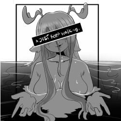 1girl antlers big_breasts blonde_hair blush breasts deer_antlers deer_girl deltarune highres in_water long_hair looking_at_viewer melonmiloc nipples noelle_holiday nude smile solo topless water wet_skin