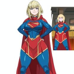 1girl absurdres artist_name blonde_hair blue_bodysuit blue_eyes bodysuit breasts cape closed_mouth commentary commission dc_comics english_commentary gtxanimator highres large_breasts looking_at_viewer my_adventures_with_superman photo-referenced red_cape red_skirt short_hair simple_background skirt smile solo standing supergirl supergirl_(my_adventures_with_superman) superhero_costume superman_(series) white_background