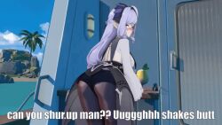 1girl 1girls 1woman animated animated_gif ass bangs beach_background big_ass big_butt black_skirt black_underwear blush blushing blushing_at_viewer boat butt caption cute elf_ears embarrassed funny gif goth goth_girl hair_ornament hair_ribbon hoyoverse lolita_fashion long_hair long_sleeves looking_at_viewer looking_away looking_away_from_viewer looking_back loonoosh meme meme_reference mihoyo pale-skinned_female pale_skin palm_tree purple_hair red_eyes shaking_ass shaking_butt shy shy_expression shy_smile solo solo_female solo_focus tied_hair tights twerk twerking vivian_banshee water zenless_zone_zero