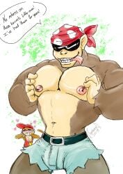 2018 2boys 2d 2d_(artwork) anthro ape bandana belt big_muscles big_pecs blush blushing brown_fur bulge dialogue diddy_kong digital_media_(artwork) donkey_kong_(series) duo english_text eyewear funky_kong fur gay gorilla grin haplorhine headgear headwear heart_symbol kerchief male male_only mammal monkey muscles muscular muscular_anthro muscular_male navel nintendo nipples pec_grab pecs pink_nipples primate short_shorts shorts smile sunglasses tan_fur tank_top teeth text tongue tongue_out yaoi