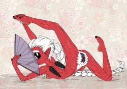 armpit_hair beauty_mark black_wings flexible hidden_face large_clitoris large_labia leg_over_head long_braid long_hair mating_dance original_character paper_fan pubic_hair red_skin shiny_eyelids shiny_skin silhouetted_face skinny_female small_breasts small_waist tengu thick_eyebrows ugly_female white_hair white_pubic_hair yokai