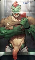 18plusplus 1boy 2018 5_fingers abs anthro areola beige_penis biceps big_penis bracelet brown_topwear clothed clothing front_view green_skin hair half-erect hand_on_chest holding_object humanoid_hands humanoid_penis jewelry long_penis looking_down male male_only multicolored_penis multicolored_skin muscular muscular_male navel nipples open_mouth pants_down partially_clothed patreon pecs penis pink_nipples pink_penis pink_tongue raised_shirt red_hair reptile scalie selfie sharp_teeth snout solo standing tan_skin teeth thick_penis tongue two_tone_penis vein white_bottomwear