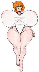 1girl barefoot blue_eyes breasts competition_swimsuit covered_erect_nipples covered_navel curvy full_body gaixas1 gigantic_breasts grin hand_on_own_hip huge_breasts kasumi_(pokemon) large_breasts looking_at_viewer misty_(pokemon) misty_(pokemon_hgss) nintendo nipples one-piece_swimsuit orange_hair plump pokemon see-through_clothes short_hair simple_background smile solo swimsuit taut_clothes thick_thighs thighs white_background white_one-piece_swimsuit wide_hips