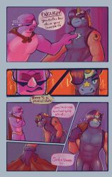 anthro berry_(brawl_stars) brawl_stars cape casual_nudity clothed clothing comic dialogue dinosaur duo english_text equid equine genitals hat headgear headwear hi_res horn horse male mammal muscular muscular_male mythological_creature mythological_equine mythology nude open_mouth pecs penis pierce_(brawl_stars) prehistoric_species purple_body reptile rfantasy_art scalie simple_background speech_bubble supercell_(company) text unicorn