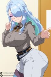 1female 1girl 1girls 2026 ai_generated artist_name bangs belt beyblade beyblade_x big_ass big_breasts blue_hair blush braid breasts closed_mouth curvy eyeshadow fang grey_shirt hair_over_one_eye hi_res high_quality high_resolution highres huge_ass huge_breasts kuwabara_reiyu large_breasts long_hair long_sleeves looking_at_viewer makeup pants patreon patreon_username purple_eyes purple_eyeshadow reiyu_kuwabara shirt shirt_tucked_in shorts skin_fang smile solo thick_thighs unjobdespiert watermark wavy_mouth